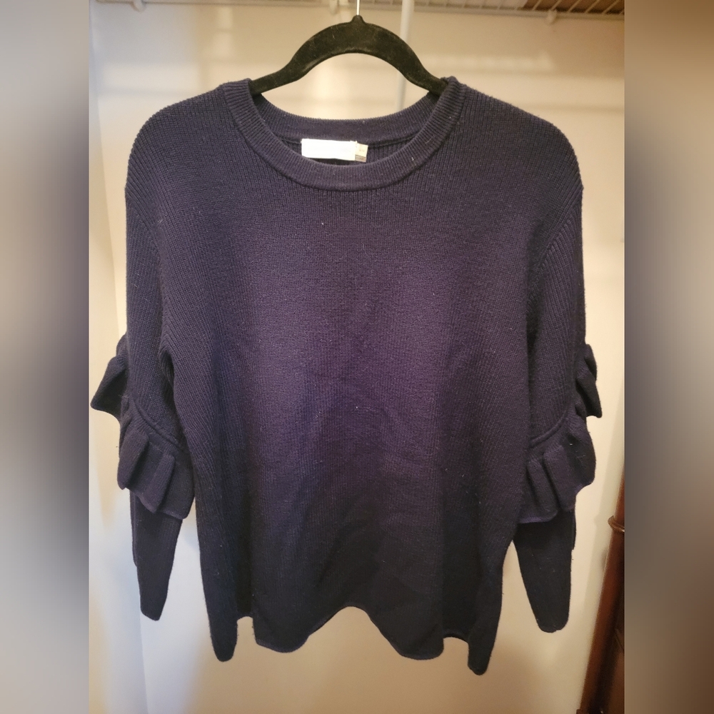 Tory Burch Ashley Ribbed Ruffle-Sleeve Sweater, Tory Navy Size L